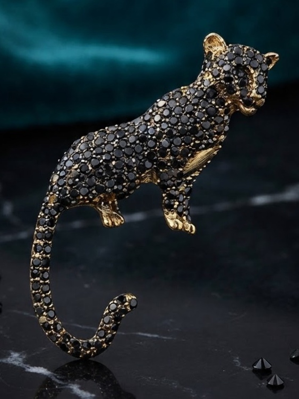 Black & Gold Jeweled Panther Brooch
